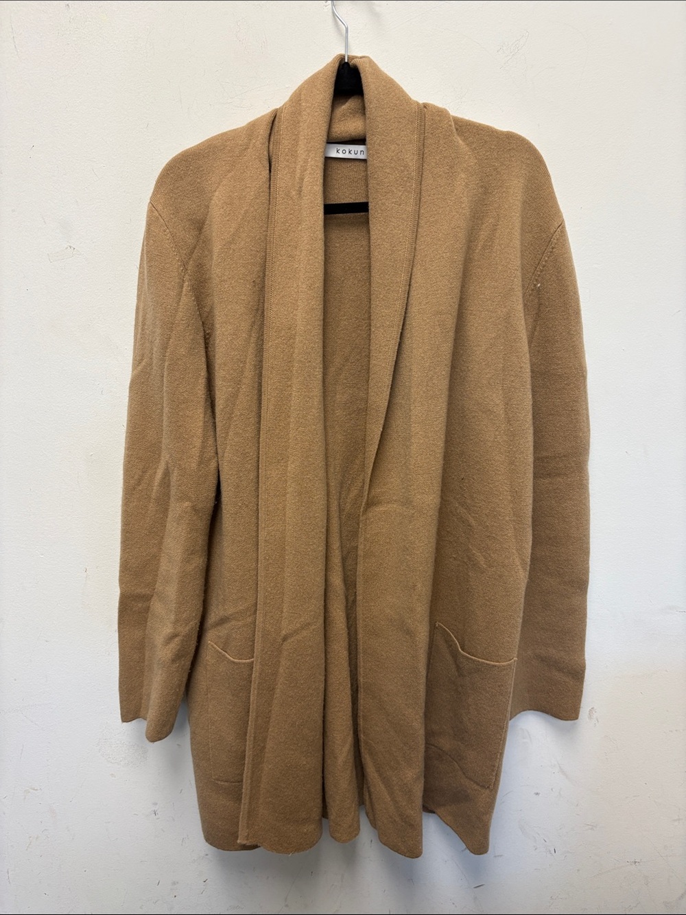 Kokun Camel Open-Front cashmere wool cardigan duster